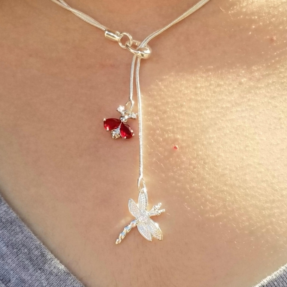 Sterling Silver Ruby Bee & Dragonfly Lariat Necklace, July Birthstone Necklace